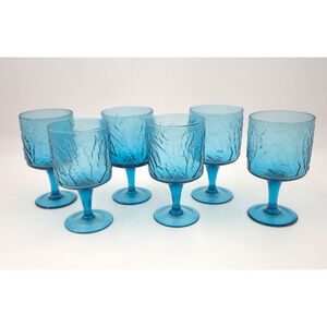 Set of 6 Mid Century Modern MCM Teal Blue Leaf Embossed Glasses Stemware